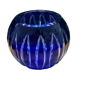 Vintage Czech Glass Cobalt Blue Rose Bowl Cut‎ to Clear c.1965